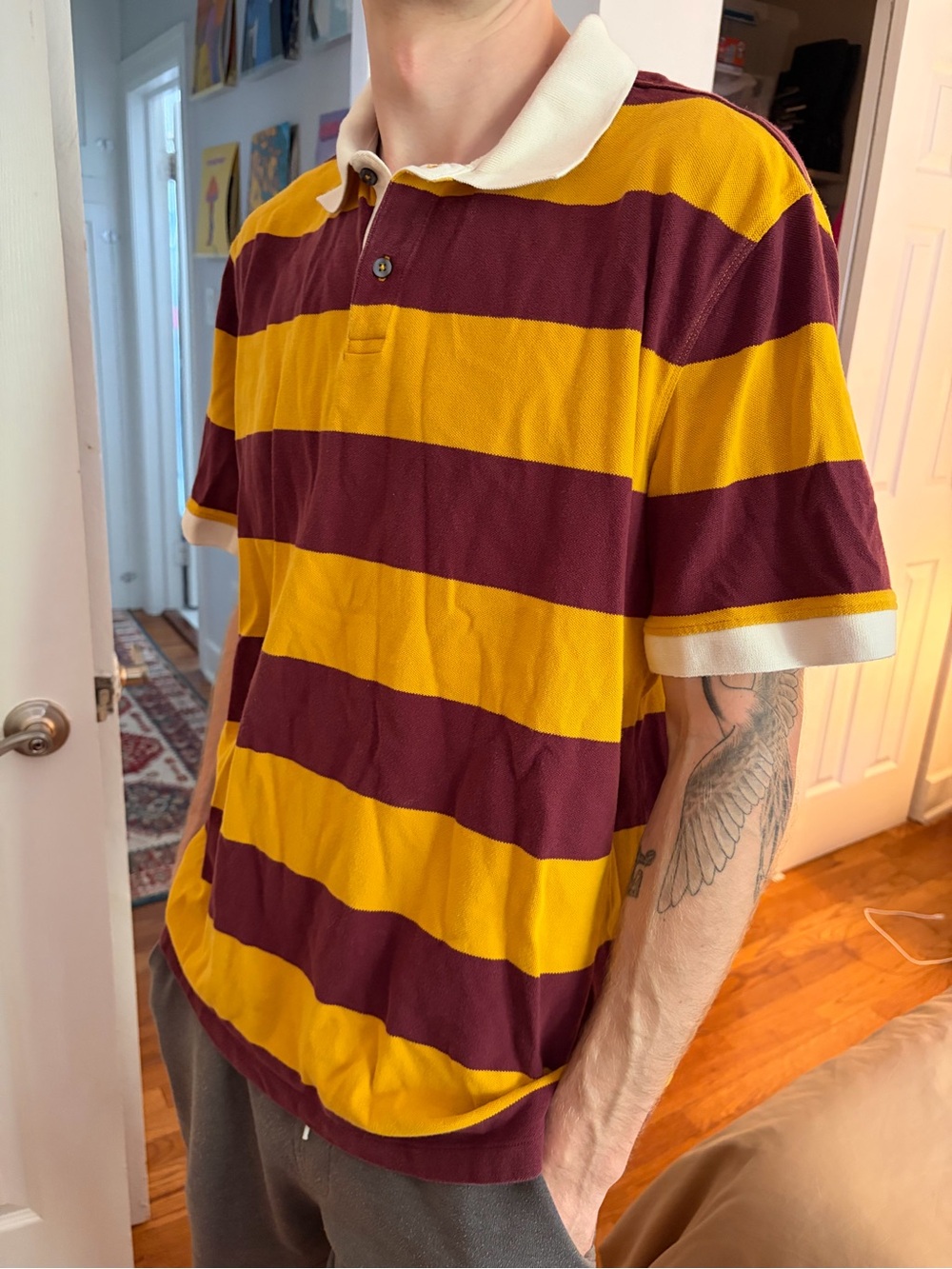 Banana Republic Striped Polo in Yellow and Burgundy with White Collar